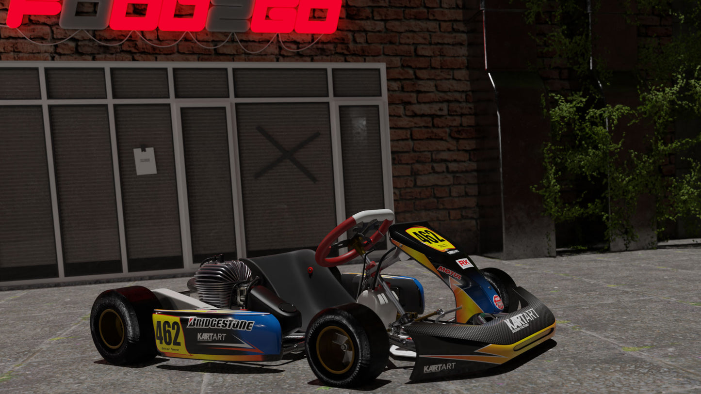 Go kart graphics kit outside a shop sunrise style